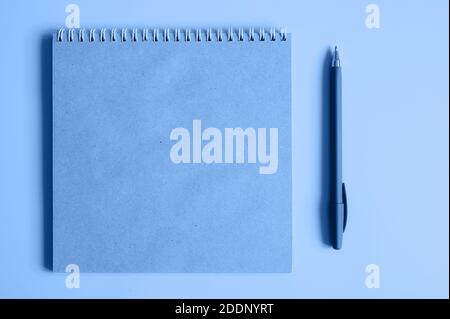 taccuino o libro di schizzo fatto di carta artigianale e una penna su uno sfondo blu. spazio per il testo. colore blu classico tinto tendenza 2020 anni Foto Stock