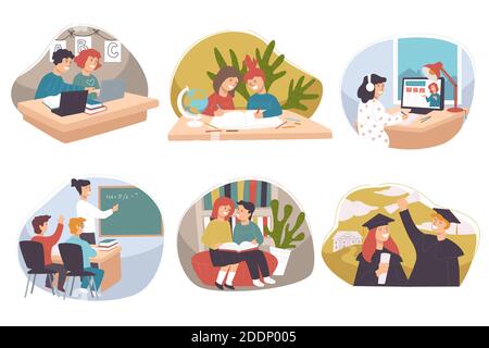 Bambini e adolescenti studiano a scuola e in uni Illustrazione Vettoriale