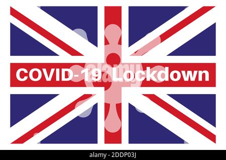 Covid Lockdown su uno sfondo Union Flag con un virus logo Illustrazione Vettoriale