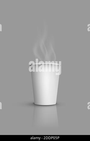 Tazza di carta per caffè o tè caldo con vapore. Take-away caffeina da caffè in bianco contenitore illustrazione vettoriale. Bevanda realistica in cartone 3d Illustrazione Vettoriale