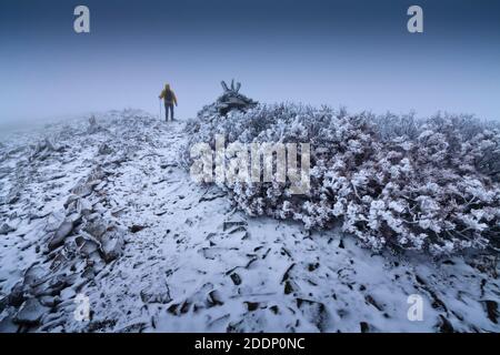 Un solitario vagabondatore in un paesaggio innevato. Solitudine, montagne, inverno, nebbia, neve. Foto Stock