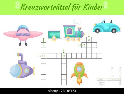 Kreuzworträtsel für Kinder - Crossword per bambini. Crossword gioco con immagini. Versione stampabile del foglio di lavoro per giochi e attività per bambini. Illustrazione Vettoriale
