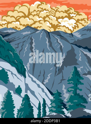 WPA poster art del Kings Canyon National Park, un parco nazionale americano nella Sierra Nevada meridionale, Fresno e Tulare contee, California in opere Illustrazione Vettoriale