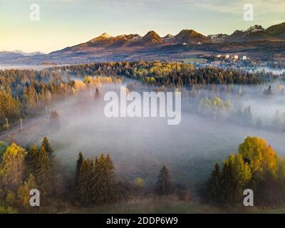 Bella mattina in High Tatra Mountains. Nebbia su caduta Foliage. Vista aerea drone. Foto Stock