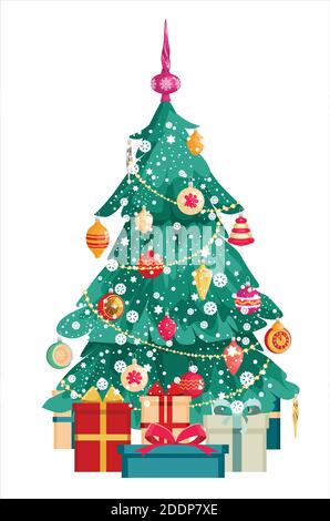 Albero di Natale con decorazioni e scatole regalo. Coperto di neve. Buon Natale e Felice Anno Nuovo. Illustrazione vettoriale Illustrazione Vettoriale