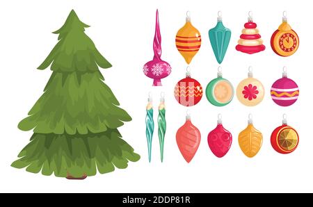 Collezione di belle decorazioni dell'albero di Natale isolato su sfondo bianco insieme di illustrazione vettoriale. Palle, stella, arredamento con icicles. Vect. Colorata Illustrazione Vettoriale