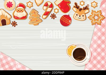 Biscotti natalizi con glassa e caffè su sfondo di legno, vista dall'alto. Natale, Capodanno. Illustrazione vettoriale Illustrazione Vettoriale