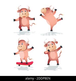 Colore tori cinese nuovo anno 2021 simbolo, animali con corna, mucche e bufalo famiglia calendario o carte, cartoni animati vettore set. Illustrazione Vettoriale