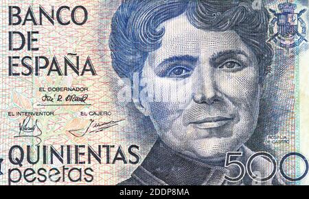 Banca di Spagna 1979, 500 pesetas banconota Rosalia De Castro, annata da collezione, dettaglio ritratto Foto Stock