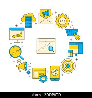 Banner SEO rotondo in stile linea colorata. Poster con simboli di marketing digitale e sviluppo Web. Illustrazione vettoriale. Illustrazione Vettoriale
