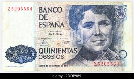 Banca di Spagna 1979, 500 pesetas banconota Rosalia De Castro, vendemmia Foto Stock