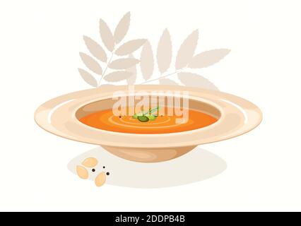 Zuppa di zucca, con foglie d'autunno, illustrazione vettoriale su sfondo bianco Illustrazione Vettoriale