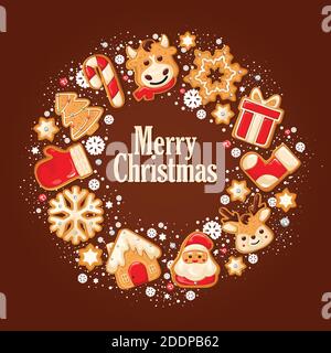 Biscotti natalizi con pan di zenzero a forma rotonda, da utilizzare come poster o sfondo. Decorato con neve, fiocchi di neve e perline. Illustrazione vettoriale Illustrazione Vettoriale