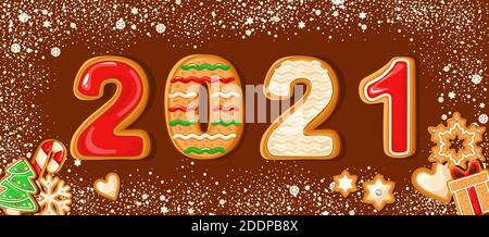 Sfondo di pan di zenzero. Dati dell'anno 2021. Sfondo nevoso. Perfetto per striscioni natalizi, biglietti d'auguri e presentazioni. Illustrazione vettoriale Illustrazione Vettoriale