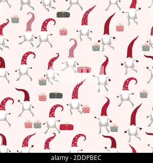 Natale modello senza giunture, carino gnomi di Natale in cappelli rossi Illustrazione Vettoriale