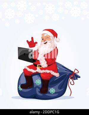 Babbo Natale si siede su una borsa con un computer portatile, effettua ordini online per regali. Illustrazione Vettoriale
