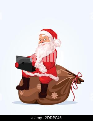Allegro Babbo Natale, sorridente personaggio cartoon, festa di Natale, sullo sfondo, seduto su una borsa con un portatile. Illustrazione Vettoriale