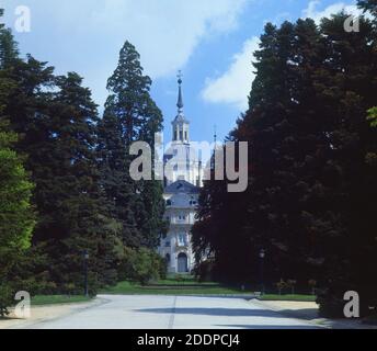 PASEO HACIA LA COLEGIATA. POSIZIONE: PALACIO REAL-COLEGIATA. LA GRANJA DE SAN ILDEFONSO. SEGOVIA. SPAGNA. Foto Stock