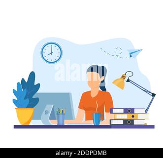 Donna al lavoro su computer portatile Illustrazione Vettoriale