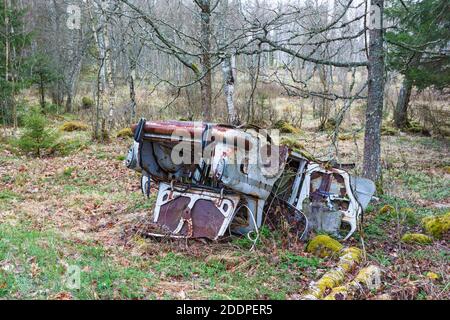 Relitto di automobile che giace capovolto nella foresta Foto Stock