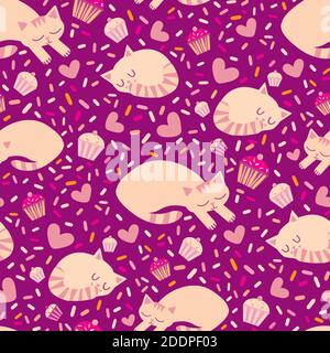 Carino gatti kawaii addormentati con cupcake, spruzzi, cuori. Sfondo di campitura senza giunture vettoriale. Sfondo rosa con stretching, cartoni animati arricciati Illustrazione Vettoriale