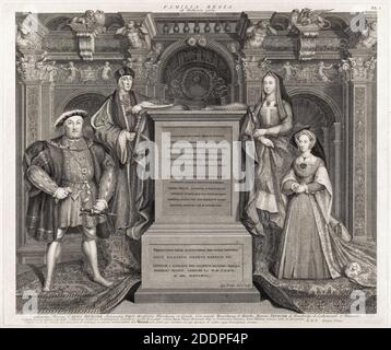 Famiglia reale di Tudor, Enrico VIII, Jayne Seymour, Enrico VII, Elisabetta di York, incisione ritratto di George Verte, dopo, Hans Holbein il giovane, 1742 Foto Stock