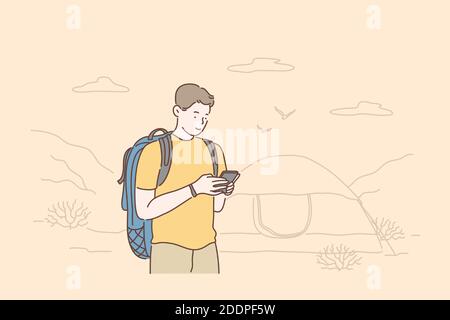Concetto di viaggio, turismo o weekend. Chi viaggia con lo smartphone, guarda i video, scrive per un blog o comunica con gli amici su un telefono cellulare. VECTO Illustrazione Vettoriale