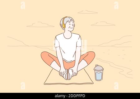 Anziani, relax, stile di vita, concetto di salute. Felice anziana donna gode la pace di fare yoga in natura. Signora anziana sorridente facendo esercizi e. Illustrazione Vettoriale