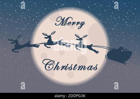 Modello di cartolina natalizia con albero di Natale, stelle, luna e Babbo Natale con silhouette di renna al chiaro di luna. Banner o poster per Christma Illustrazione Vettoriale