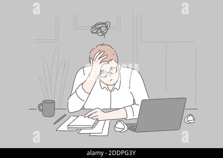 Fallimento, burnout, collasso, business concept. Stanco frustrato uomo d'affari giovane in stress psicologico alla fine della giornata in ufficio. P. Illustrazione Vettoriale