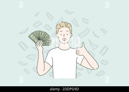Reddito passivo, profitto, concetto di cashback. Ragazzo o uomo che tiene dollari molto felice ed eccitato, espressione del vincitore che celebra la vittoria che gridano con smil Illustrazione Vettoriale