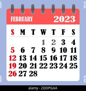 Calendario delle lettere di febbraio 2023. La settimana inizia la domenica. Concetto di tempo, pianificazione e pianificazione. Design piatto. Calendario rimovibile per il mese. Vect Illustrazione Vettoriale