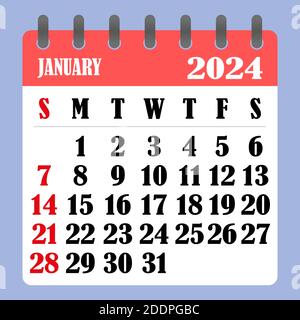 Calendario delle lettere di gennaio 2024. La settimana inizia la domenica. Concetto di tempo, pianificazione e pianificazione. Design piatto. Calendario rimovibile per il mese. VECTO Illustrazione Vettoriale