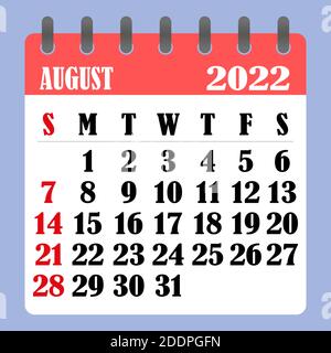 Calendario delle lettere per agosto 2022. La settimana inizia la domenica. Concetto di tempo, pianificazione e pianificazione. Design piatto. Calendario rimovibile per il mese. Vettore Illustrazione Vettoriale