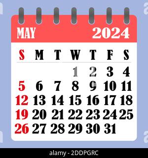 Calendario delle lettere di maggio 2024. La settimana inizia la domenica. Concetto di tempo, pianificazione e pianificazione. Design piatto. Calendario rimovibile per il mese. Vettore il Illustrazione Vettoriale