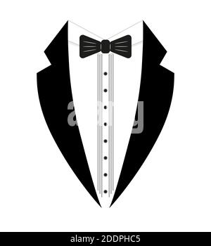 Smoking bianco e nero con cravatta ad arco. Modello logo. Modello di logo elemento di design semplice. Stile piatto. Isolato su sfondo bianco. Illustrazione vettoriale Illustrazione Vettoriale