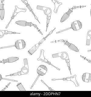 Modello senza giunture con strumenti di lavoro disegnati a mano. Raccolta di strumenti cartoni animati fatti a mano con vari elementi di schizzo di un cacciavite meccanico. Su un bianco Illustrazione Vettoriale