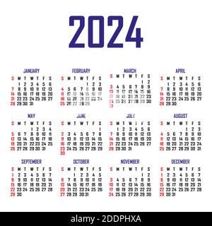 Calendario 2024. La settimana inizia la domenica. Modello di calendario semplice. Verticale di orientamento verticale. Organizzatore annuale di cancelleria. Illustrazione vettoriale Illustrazione Vettoriale