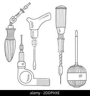 Collezione di attrezzi manuali. Cartone animato realizzato a mano con diversi elementi dello schizzo: Un cacciavite meccanico. In uno stile piatto. Su sfondo bianco. VECTO Illustrazione Vettoriale