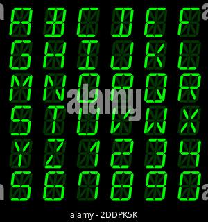 Carattere digitale verde, lettere e numeri. Alfabeto inglese sullo schermo digitale. Concept LED per affissioni, orologi, partite sportive e pubblicità Illustrazione Vettoriale