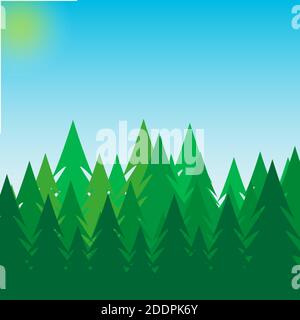 Sfondo di pineta, natura, paesaggio cielo blu e sole. Silhouette astratte di alberi di foresta verde, paesaggio naturale con conifere sempreverdi Illustrazione Vettoriale