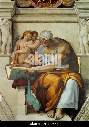 Profeti e Sibili: Cumaean Sibyl (soffitto della Cappella Sistina in Vaticano). Foto dopo il restauro. Musei: La Cappella Sistina, Vaticano. Autore: MICHELANGELO BUONARROTI. Foto Stock