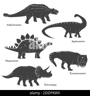 Carino vettore di giovani dinosauri isolati su sfondo bianco. Triceratops, Apatosaurus, Tyrannosaurus, Stegosaurus e Ankylosaurus Set Illustrazione Vettoriale