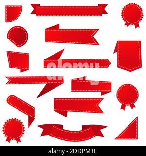 Set di banner a nastro rosso. Etichette promozionali rosse. Nastro rosso piatto per la promozione, etichetta sconto sulla vendita di merci. Illustrazione vettoriale Illustrazione Vettoriale