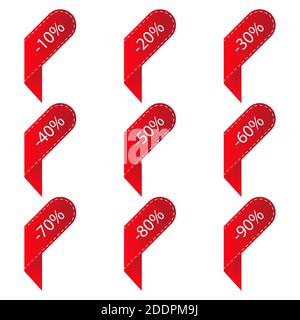 Etichette sconto rosse. Sconto 10, 20, 30, 40, 50, 60, 70, 80, 90%. Etichette per striscioni e cartoline. Isolato su sfondo bianco. VEC Illustrazione Vettoriale