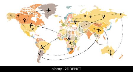 Volo aereo su mappa del mondo. Volo lineare dell'aeromobile con i punti di partenza e le tracce della linea tratteggiata. Stile piatto. Isolato su un whit Illustrazione Vettoriale