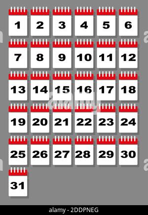 Set di pagine del calendario a strappo. Giorni del mese. Stile piatto isolato su sfondo grigio. Illustrazione vettoriale Illustrazione Vettoriale