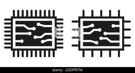 Due icone chip o microchip. Processore centrale del computer, simbolo del chip nero. Stile piatto. Illustrazione vettoriale Illustrazione Vettoriale