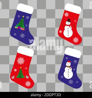 Set di calze di Natale per regali di blu e rosso con alberi di Natale di pupazzi di neve e fiocchi di neve. Decorazione di Natale. Illustrazione vettoriale Illustrazione Vettoriale