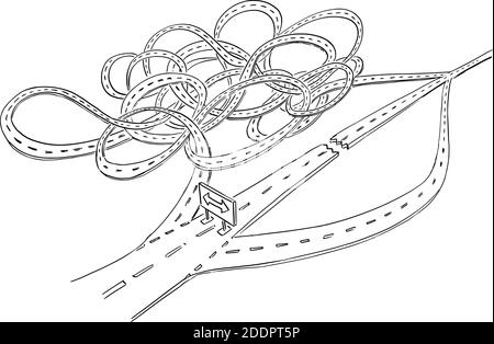 Strada chiusa. Illustrazione di cartoni animati vettoriali. Scegli la strada, la strada corta o la strada pericolosa lunga e complicata. Concetto di decisione strategica, pianificazione futura. Illustrazione Vettoriale